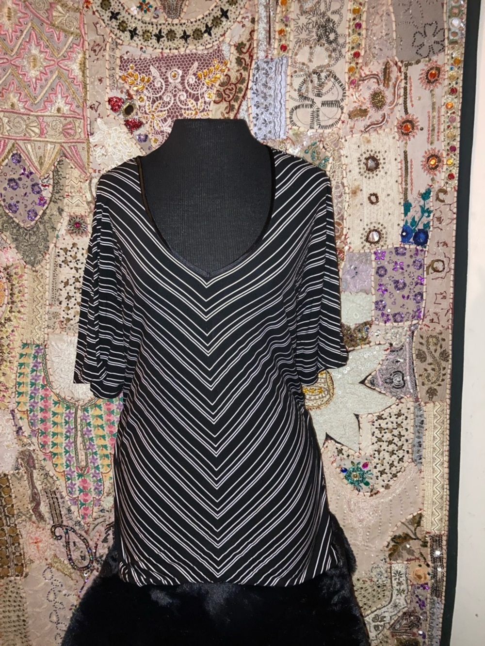 White House Black Market Black and White Striped V-Neck Top